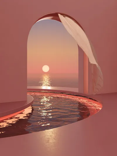Sunset view over the sea from the archway on the poolside