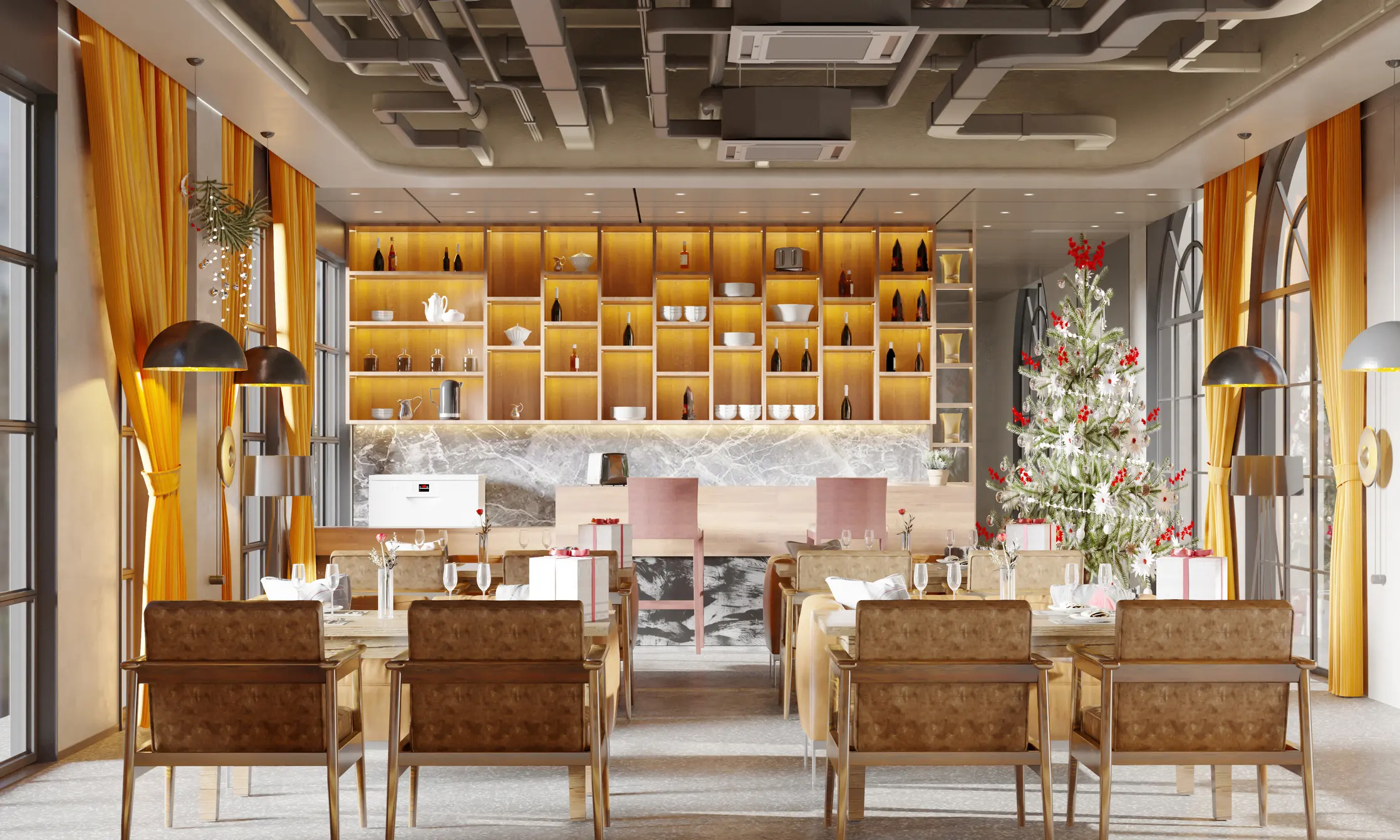 Luxury Restaurant Interior With Christmas Decoration.